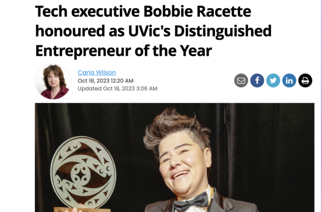 News article showing Bobbie Racette, founder of Virtual Gurus, accepting the Distinguished Entrepreneur of the Year Award 2023 from the Gustavson School of Business at the University of Victoria.